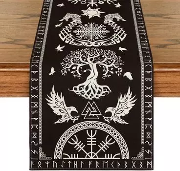 Black Viking Raven Helmet of Awe Linen Table Runner Seasonal Farmhouse Dresser Scarf Table Decor Home Kitchen Dining Table Decor 150x33cm 59x13inch