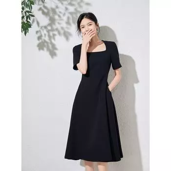 Black Waist Slim Looking French Square Collar Dress Black M