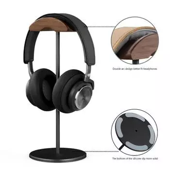 Black Walnut Wood & Aluminum Headphone Stand Nature Walnut Gaming Headset Holder with Solid Metal Base for Table Desk Display