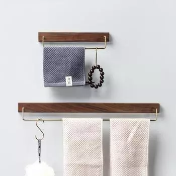 Black Walnut Wood Towel Rack Wall Mounted Retro Towel Bar Wooden Towel Holder Brass Towel Rail Brass Hooks for Bathroom Kitchen