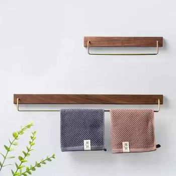 Black Walnut Wood Towel Rack Wall Mounted Retro Towel Bar Wooden Holder Brass Towel Rail Brass Hooks for Bathroom Kitchen