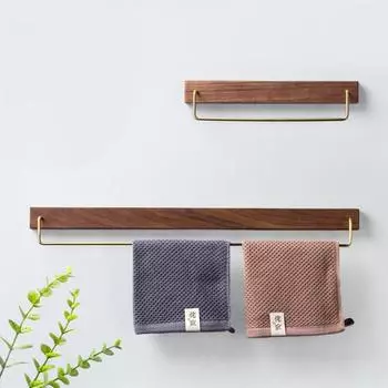 Black Walnut Wood Towel Rack Wall Mounted Retro Towel Bar Wooden Towel Holder Brass Towel Rail Brass Hooks for Bathroom Kitchen