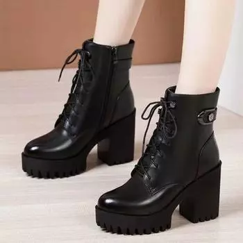 Black waterproof table thick heel Martin boots autumn and winter new side zipper versatile women s boots 35