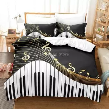 Black White 3d Music Note Bedding Set Duvet Cover Sets Comforter Bed Linen Twin Queen King Single Size Musical Instrument Piano EU Single 135x200cm