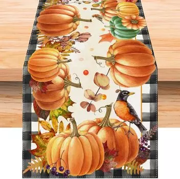 Black White Buffalo Plaid Fall Linen Table Runners Fall Autumn Thanksgiving Leaves Pumpkin Home Party Kitchen Dining Table Decor 150x33cm 59x13inch
