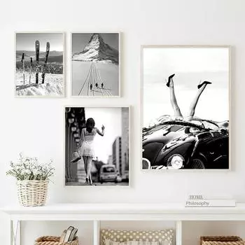 Черно-белая феминистская художественная картина Постер Печать Средний палец Женщина Высокие каблуки Классический автомобиль Модная фотография Девушка Комната Домашний декор 21x30cm No Framed