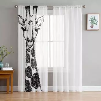 Black White Giraffe Window Treatment Tulle Modern Sheer Curtains for Kitchen Living Room the Bedroom Curtains Decoration W135 x H114cm