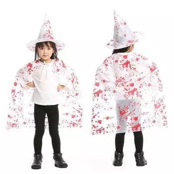 Black White Halloween Blood Cloak Cape Scary Clothes, Hats Set All Saints Day Child-Black