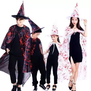Black White Halloween Blood Cloak Cape Scary Clothes, Hats Set All Saints Day Child-Black