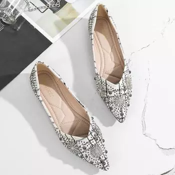 black white plaid cloth flat shoes woman 2024 spring summer crystal buckle loafers retro style glitter beads ballet flats size43 4.5 бежевый