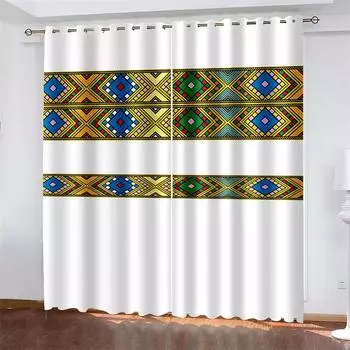 Black White Saba Telet Pattern Ethiopian Eritrean 2 Pieces Light Filtering Curtains for Living Room Bedroom Kitchen Window Drape W50H130(CM)x2&Hook