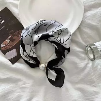 Black White Stripe Polka Dot Scarf Flower Printed Silk Scarf Pearl Magnetic Buckle Scarf Vacation Style 13