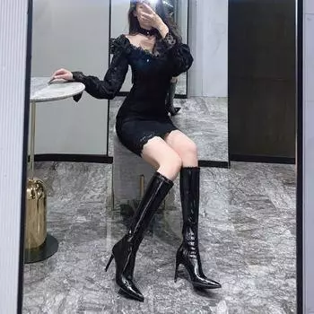 Black Winter Knee High Shaft Heels Pointed Toe Women s Boots Leather Footwear Elegant Heeled Shoes for Woman Long Spring 2024 Pu 34