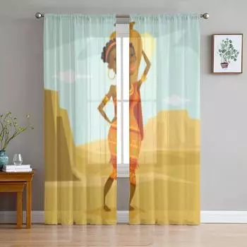 Black Woman In Desert Tulle Sheer Curtains for Living Room the Room Bedroom Kitchen Decoration Voile Organza Curtains 135W x 114H(cm)
