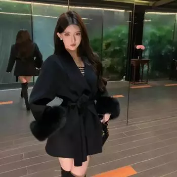 Black Woolen Coat Women s Autumn and Winter Waist Medium and Long Woolen Coat S