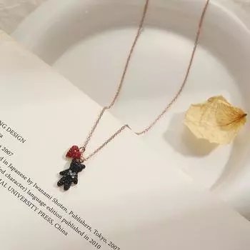 Black Zircon Bear Necklace Small Red Heart Necklace Women s Clarbone Chain