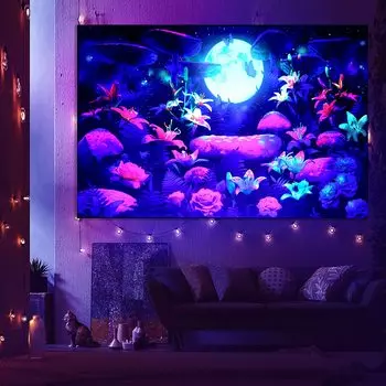 Blacklight Фэнтези Лес Гобелен Триповый Гриб УФ-реактивная Галактика Луна Гобелены Бабочка Пейзаж Для Спальни Домашний Декор 95x73cm