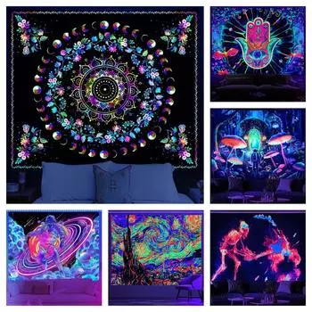 Blacklight Грибной Гобелен УФ Фэнтези Лесные Растения Настенный Декор Череп Таро Скелет Гобелены Для Спальни Гостиной 95x73cm