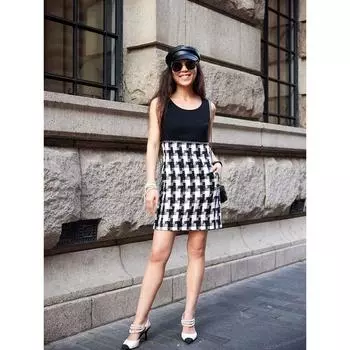 Blacknini/British Original Fabric Chessboard Plaid Patchwork Sleeveless Dress (Two Colors) Black and white check M
