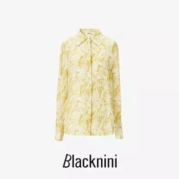 Blacknini/ Golden Leaf Jacquard Penny Natural Ramie Chicory Light Flower Print Cicada Wings Shirts Outerwear Turmeric S