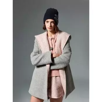 Blacknini/Import Alpaca Virgin Wool Patchwork Tweed Hooded Bathrobe Shoelace Overcoat/Shorts Coat-Grey M