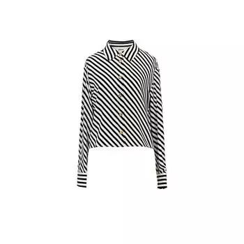 Blacknini Parallel Wire Heavy Twist Crepe De Chine Mulberry Silk Anti-Wrinkle Draping Effect Silk Black and White Stripes Shirt Shirt (100 Mulberry Silk)(In stock) M