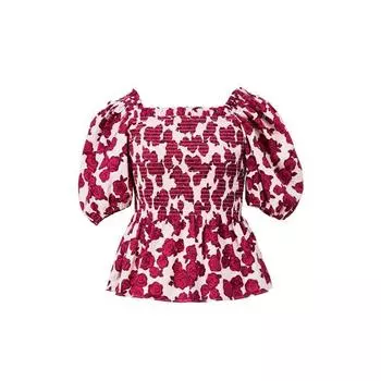 Blacknini Red Velvet UK Import Gradient Coloring Print Ruffles Puff Sleeves Short Sleeve Tops Print Puff Sleeves Tops XS