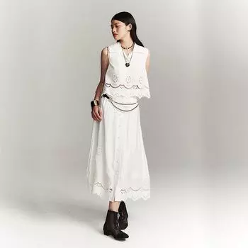 Blacknini Retro Embroider Sleeveless Shirt/Skirt White-Long Skirt S
