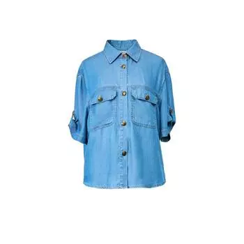 Blacknini San Francisco Luxury Brand Tongyuan Smooth Lapel Lyocell Denim Short Sleeves, Blue Shirt Coat/Skirt Tencel Shirt M