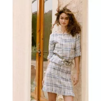 Blacknini/Tassel Classic Style Handmade Brushed Platinum Pink and Blue Tweed Outerwear/Skirt (Two Colors) Blue and pink-overskirt XS