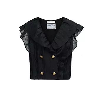 Blacknini (Two Colors) Windsor Set European Em Luxury Brand Texture Filamentation Cambric V-neck Shirt Tops Skirt Short Shirt-Black XS