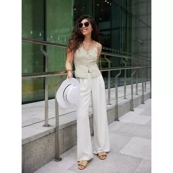 Blacknini/ Walking Air Conditioning Pants Japan Imported Classic Triacetate Imitation Linen Casual Wide-Leg Pants White((In Stock)) XS