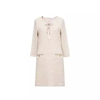 Blacknini Water Wave Light Sequin Gold Buckle Ch Classic Style Hooded Knitting Stripes round Neck Cardigan/Dress Seven-point sleeve Dress((In Stock)) M
