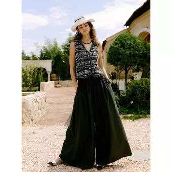 Blacknini Yin Huafu/3 M Chiffon Pants 6A Mulberry Silk Worsted Wool Stand Cut Striped Wide-Leg Pants Dark gray(In stock) S