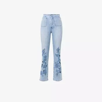 Blacknini Yin Huafu/ Blue Rose Private Clothing D Home Heavy Luxury Relief Hand-Embroidered Washed Jeans Blue(Cotton bomb Denim) XS