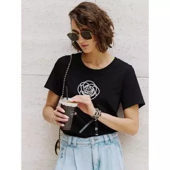 Blacknini Yin Huafu/ Bright Rose Cotton Boutique Long-staple Cotton Embroidery Diamond Decorations T-shirt (Two Colors) Black S