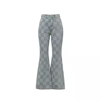 Blacknini Yin Huafu Chessboard Plaid Wide-Leg Micro-Pull Denim Turkey Import Luxury Stone Washed Jacquard Water wash blue(In stock) S