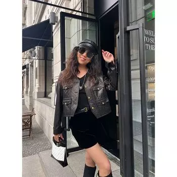 Blacknini Yin Huafu/Class a First Layer Native Cowhide Quilted Four Bags Gold Buckle Leather Coat Black S