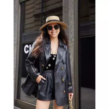 Blacknini Yin Huafu/Classic Double Breasted Suit Lapel Collar Four-Bag Leather Coat Black L