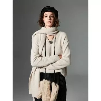 Blacknini Yin Huafu Classic Knitting Wool Three-Piece Set (Pullover/Scarf/Beanie Hat) Three-piece set: milk apricot L