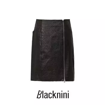 Blacknini Yin Huafu/ Embossed Leather Skirt High Luxury Grade A Sheepskin Crocodile Texture Zip-up Skirt Black XS