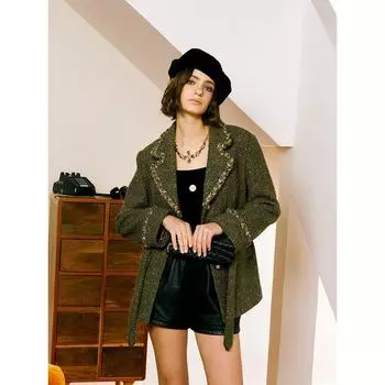 Blacknini Yin Huafu/ Emerald Coat European Import Fishbone Herringbone Green Gold Woolen Coat Outwear Green M