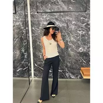 Blacknini Yin Huafu/Fashionable Bai Match Draping Effect High Waist Trumpet pants High Waist Slimming Casual Suit trousers Black XL