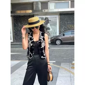 Blacknini Yin Huafu Flowers like Brocade Luxury Brand Velvet Embroidery Handmade Buckle New Chinese Style Vest Outerwear Black XL