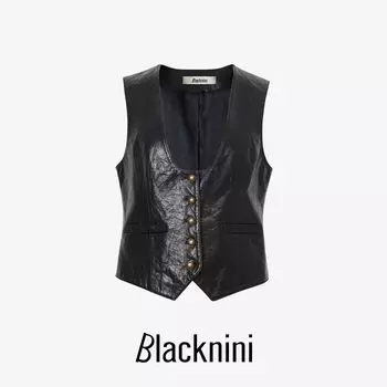 Blacknini Yin Huafu Gao Ding Cowhide C * Line Style Folding Fashionable U Collar Vest Coat Black L
