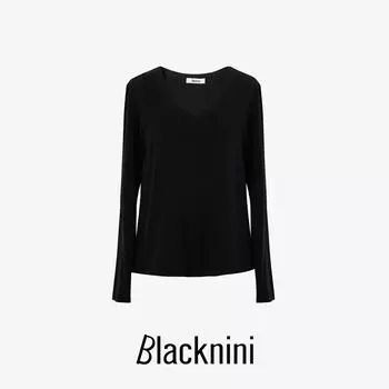 Blacknini Yin Huafu Heavy Tencel V-neck Long sleeves Shirt (Two Colors) Black XL