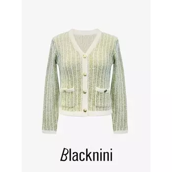 Blacknini Yin Huafu Heavy Weight Herbalife Fixed Dyed Yarn High-Count Long-Staple Cotton V Neck Cardigan (Three Colors) Blue M