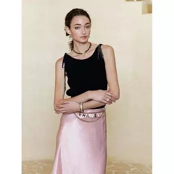 Blacknini Yin Huafu/ Hepburn Vest Luxury PBT Fiber Hand-Woven Chain Boat Neck Knitting Vest Black L