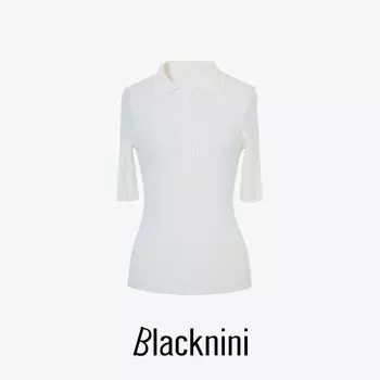 Blacknini Yin Huafu/ Luxury Base Silk Wool Cloud Touch Polo Collar Short Sleeve Knitting Tops White M