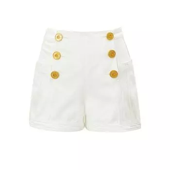 Blacknini Yin Huafu/ Luxury White Cow French Balm * in Same Source Double Row Gold Buckle White Denim Shorts White(In stock) S